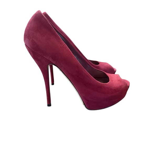 Gucci Suede Peep Toe Platform Pumps Burgundy Stiletto Heel EU 37.5 US 7.5 - Picture 9 of 14